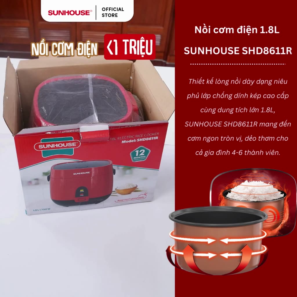 Nồi cơm điện 1.8L Sunhouse SHD8611- Lòng nồi: 1mm, chống dính 2 lớp vân đá, 4-6 người dùng - Sản xuất tại Việt Nam | BigBuy360 - bigbuy360.vn
