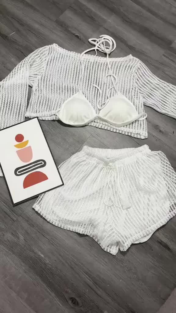 BIKINI, ĐỒ BƠI đi biển thời trang,3 chi tiết áo bra có mút quần short kèm áo KHOÁC REN LỖ tay dài chuẩn hình HÀ BiKiNi | BigBuy360 - bigbuy360.vn