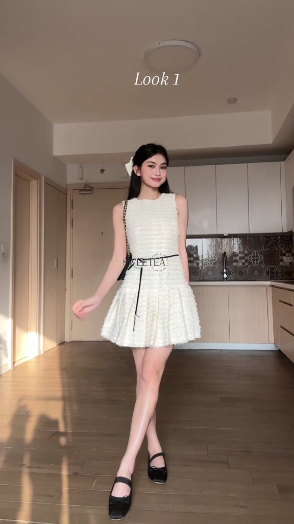 Váy dạ tweed liền thân xếp ly thanh lịch Camell Dresss (tặng kèm hoa trà) - SWEETEA | BigBuy360 - bigbuy360.vn