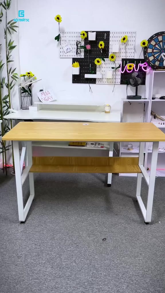 Bàn làm việc, bàn học kèm kệ lửng thiết kế chân cong mềm mại, tinh tế, Bàn làm việc mặt gỗ MDF phủ melamine cao cấp | BigBuy360 - bigbuy360.vn