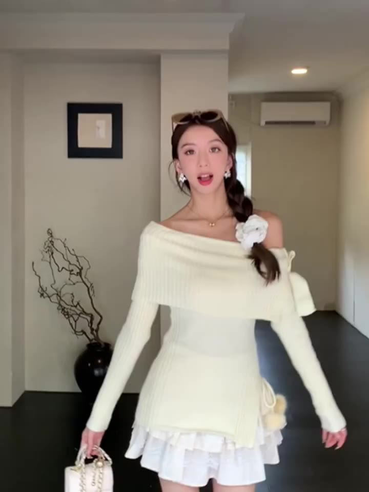 Set váy nữ - Áo len trễ vai mix với chân váy nhiều tầng thắt nơ ngang vai phong cách bánh bèo dễ thương Gin62 G145 | BigBuy360 - bigbuy360.vn