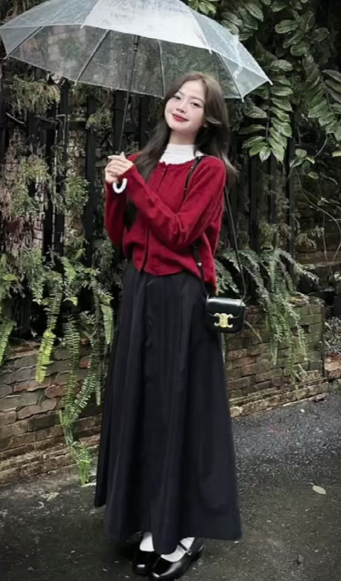 Chân váy nữ dáng dài chất kaki retro xếp ly