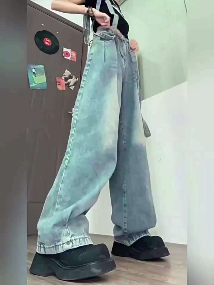 Quần jean nữ dài ống rộng SARAMIA cạp cao vải bò phối dây cá tính màu xanh bụi D18 | BigBuy360 - bigbuy360.vn