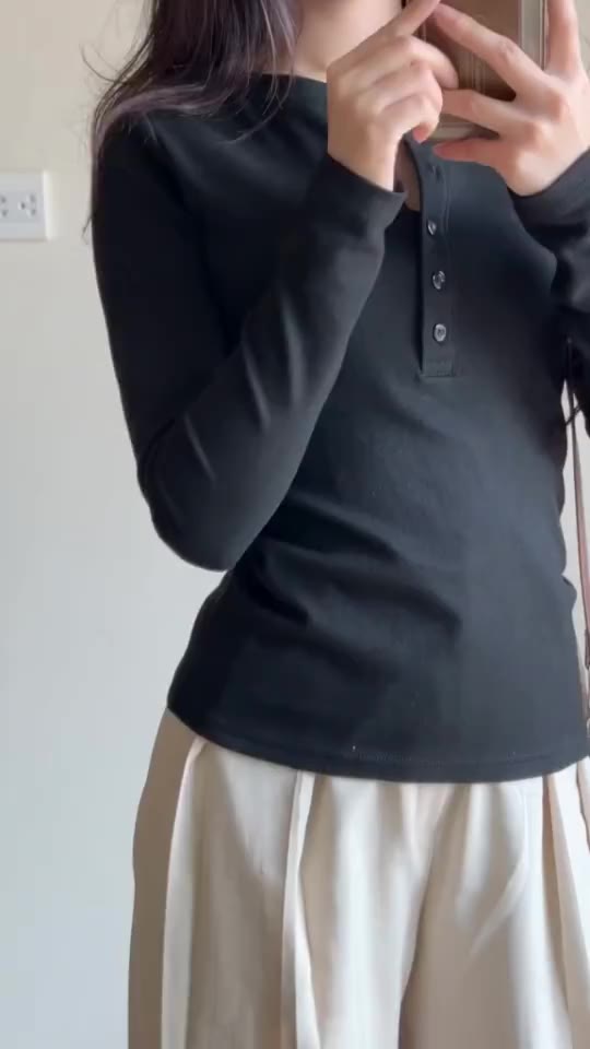 Áo thun dài tay cúc xẻ dáng ôm chất thun tăm lông thỏ mịn co giãn HA888 | BigBuy360 - bigbuy360.vn