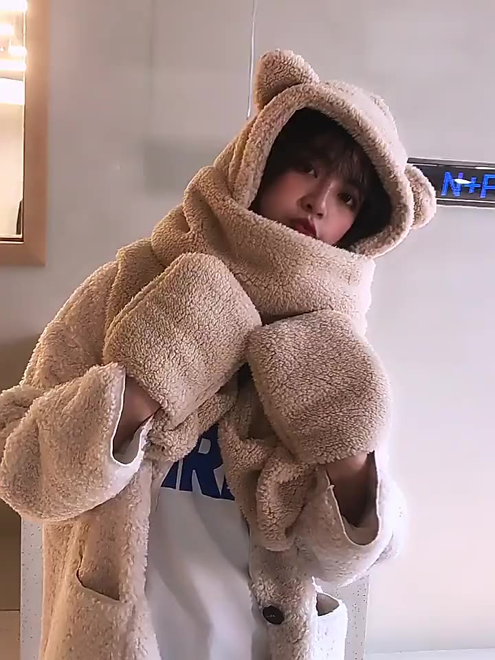 Mũ lông tai gấu kèm khăn quàng cổ bao tay 3 trong 1 ấm áp | BigBuy360 - bigbuy360.vn