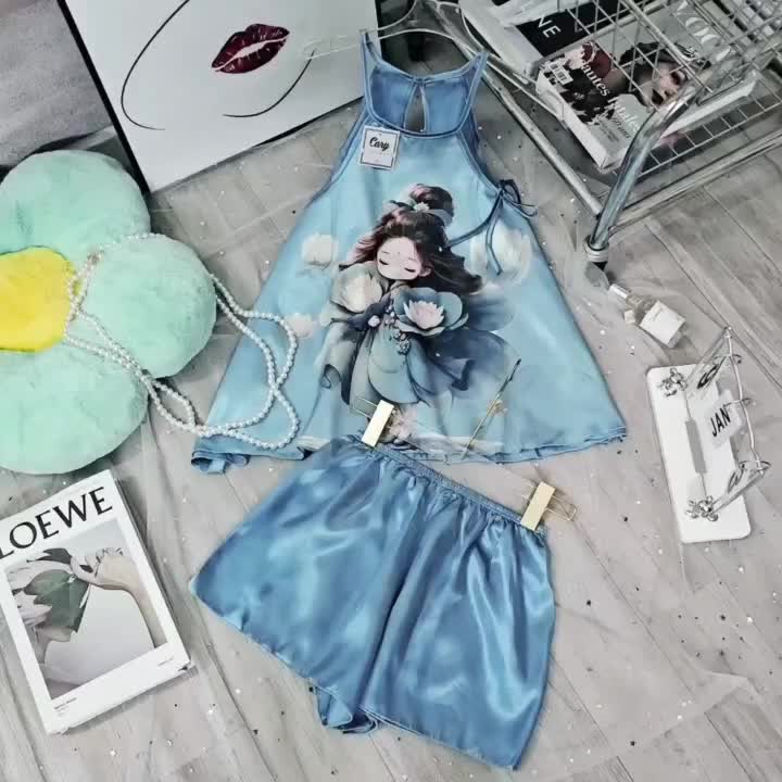 Set bộ ngủ áo yếm nữ 2 dây phi lụa họa tiết in 3D kèm quần đùi nữ mặc nhà mùa hè dễ thương CARY | BigBuy360 - bigbuy360.vn