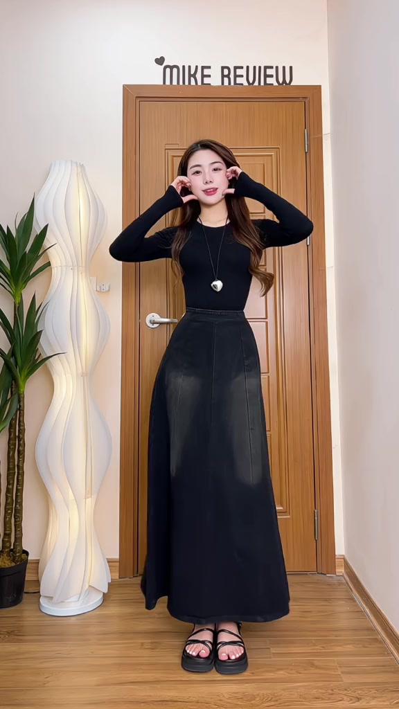 Chân váy jean dài SARAMIA, chân váy dài xòe cạp lưng cao chất không co giãn phong cách Hàn Quốc V16 | BigBuy360 - bigbuy360.vn
