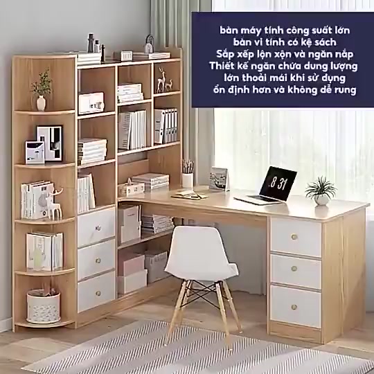 HUHU Bàn vi tính văn phòng kèm kệ sách gỗ có hộc+ hộc làm việc cao cấp hiện đại | BigBuy360 - bigbuy360.vn