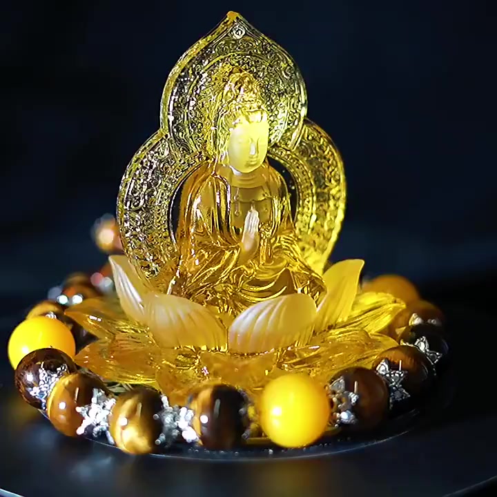 Tượng Quan Thế Âm Bồ Tát ngự đài sen đá Lưu ly để taplo ô tô cao cấp