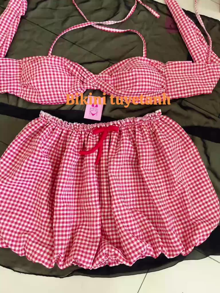 Set bộ đồ đi biển 2 chi tiết áo bikini mix chân váy kẻ karo, set bikini hai mảnh tiểu thư sang chảnh | BigBuy360 - bigbuy360.vn