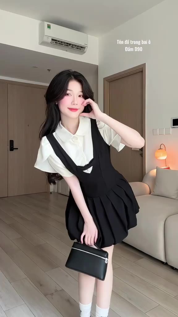 Váy Sơ Mi Tay Bồng Cổ Sen Đính Nơ Phối Yếm Xếp Ly Chéo Hàn Tiểu Thư Ảnh Thật Trải Sàn Lollaye | BigBuy360 - bigbuy360.vn