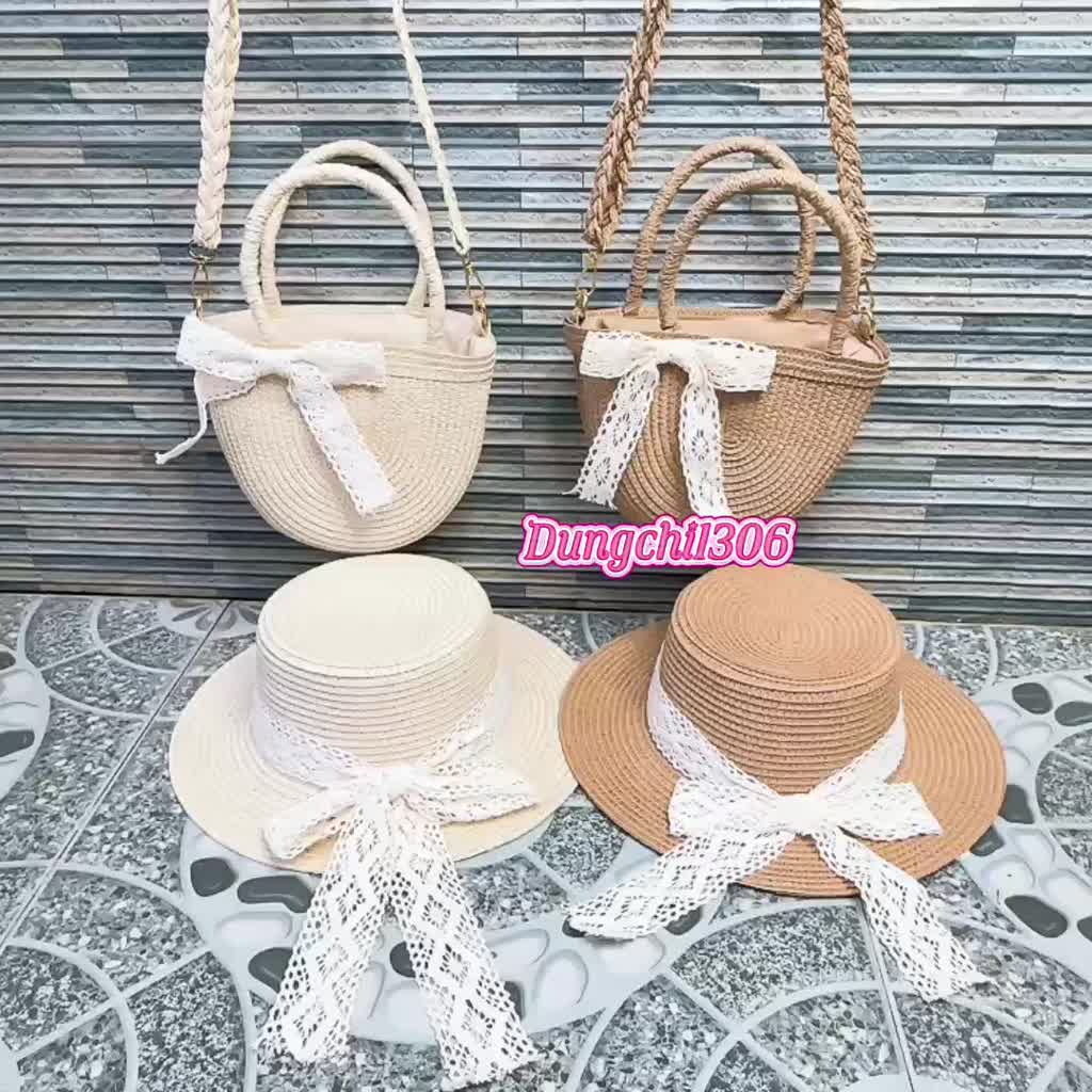 Combo Túi cói nhỏ đeo chéo nơ ren + mũ vành nhỏ nơ ren | BigBuy360 - bigbuy360.vn