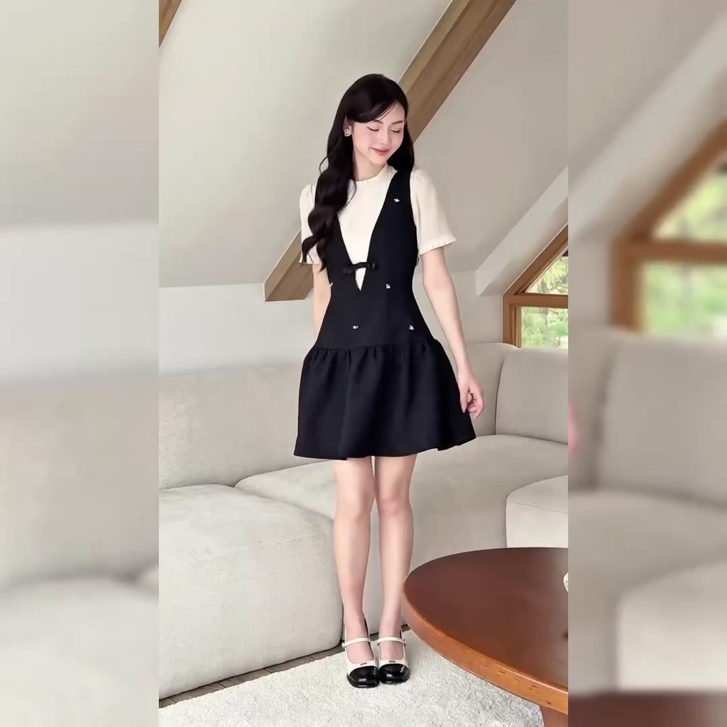 [𝐇𝐨𝐭𝐭𝐫𝐞𝐧𝐝] Váy thiết kế Bigsize Shi Shang, Váy cổ yếm phối tơ dáng ngắn DNC02 | BigBuy360 - bigbuy360.vn