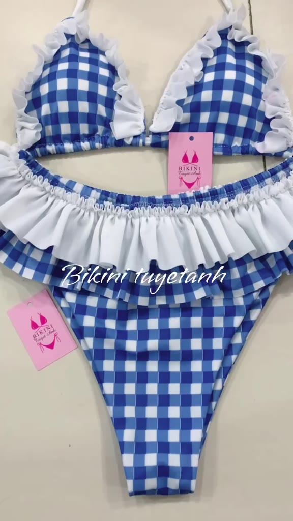 l Bikini 2 Mảnh Thiết Kế Bèo Nhún Hoạ Tiết Caro Xanh (sẵn hàng) | BigBuy360 - bigbuy360.vn