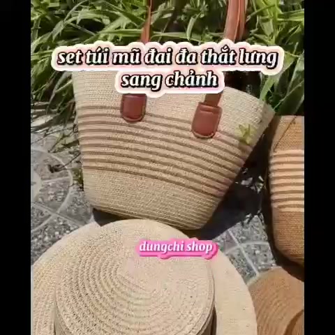 Combo túi cói + mũ cói quai da có khóa kéo tiện lợi | BigBuy360 - bigbuy360.vn