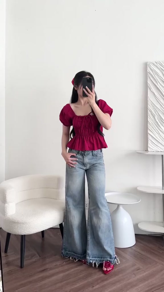 Áo Kiểu Cổ Vuông Babydoll Tay Phồng Linen Thắt Dây Ngực Bo Chun, Áo Nữ Ngắn Tay | BigBuy360 - bigbuy360.vn