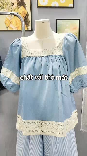 áo babydoll cổ vuông phối ren tay bồng tiểu thư 2 màu xanh | BigBuy360 - bigbuy360.vn