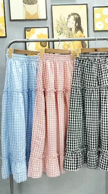 chân váy midi kẻ caro 3 tầng bèo nhún chân váy dài 2 lớp hàn quốc | BigBuy360 - bigbuy360.vn