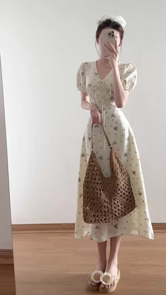 Váy hoa nhí cổ V bèo tay phồng dáng dài tiểu thư 2 lớp xixeoshop - V97 | BigBuy360 - bigbuy360.vn