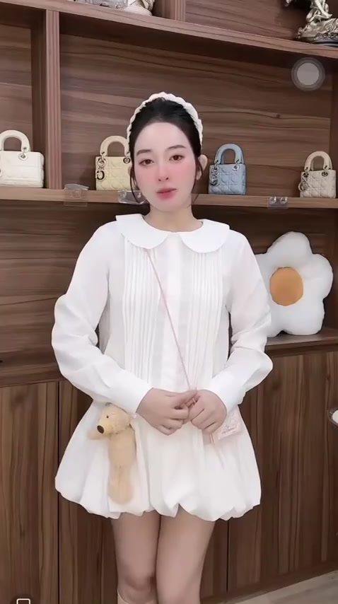 (V.03 Kèm Gấu-Nơ Thome); Váy Sơ Mi Trắng Cổ Sen Xếp Ly Ngực Dáng Babydoll Kèm Phụ Kiện Có Bảo Hộ Rời Vibe  -Lollaye | BigBuy360 - bigbuy360.vn
