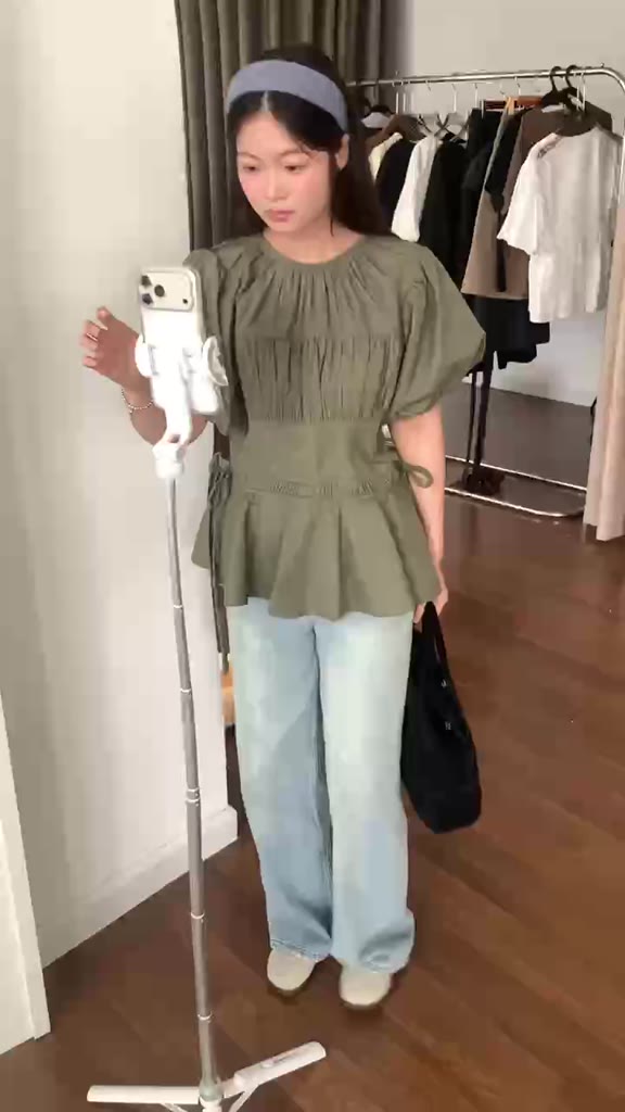 DOB - Áo kiểu linen tay phồng rút eo dáng peplum | Eunbi Top | | BigBuy360 - bigbuy360.vn