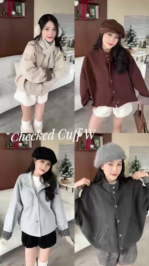 (Sẵn - Hàng chuẩn TSW) Áo khoác dạ cúc bấm cổ cao phối tay kẻ caro Nữ the.sweaterweather TSW | BigBuy360 - bigbuy360.vn