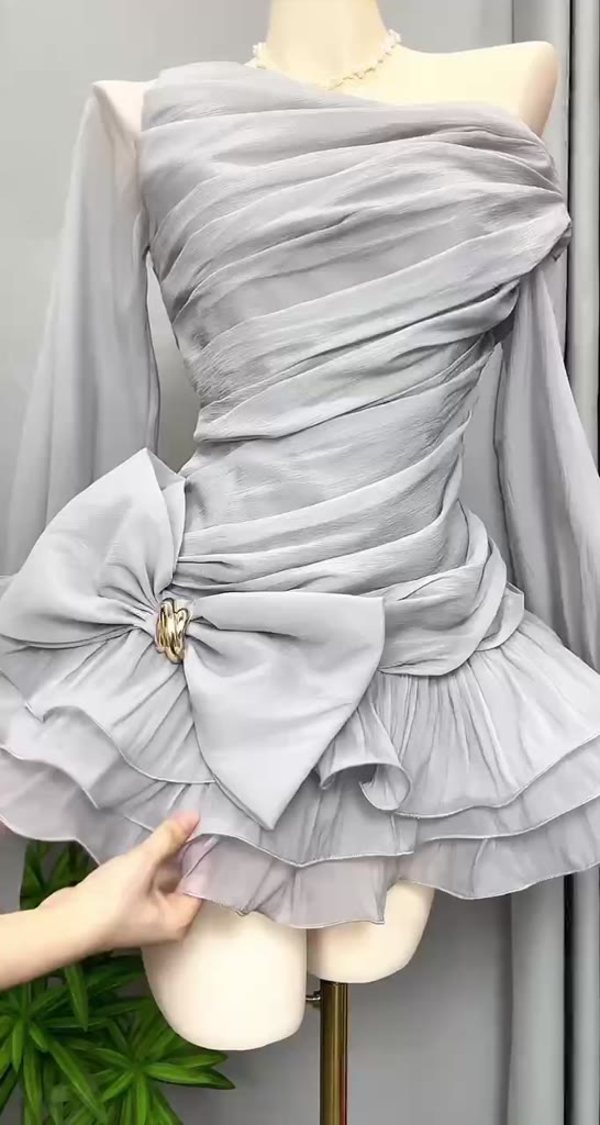 (Có Bigsize) Váy Thiết Kế Lệch Vai Tay Dài Phồng Đính Nơ Dự Tiệc Cao Cấp Kieupham.shop | BigBuy360 - bigbuy360.vn