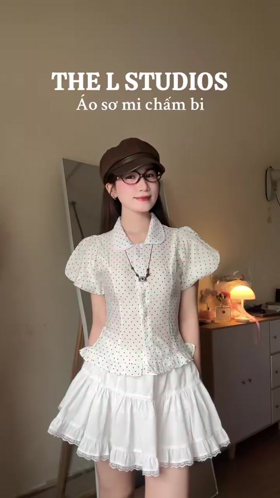 Áo sơ mi chấm bi, tay bí phồng, cổ lá sen, thiết kế THELSTUDIOS | BigBuy360 - bigbuy360.vn