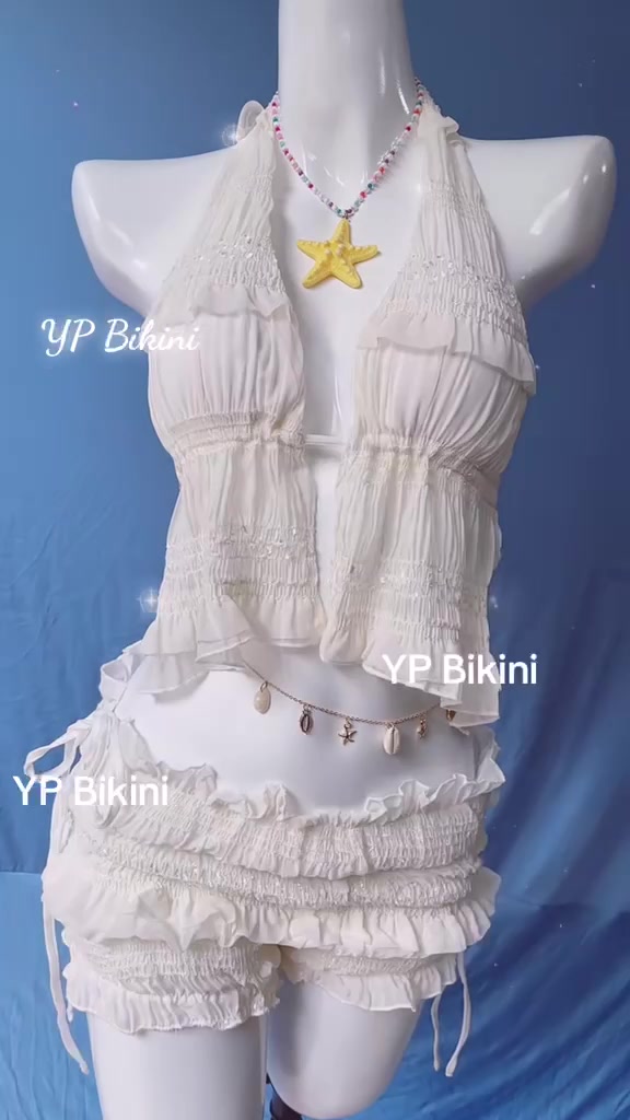 Yentrang bikini Áo yếm hở lưng voan nhún , quần short nhún ôm mông . set áo yếm đi biển( che tên) | BigBuy360 - bigbuy360.vn