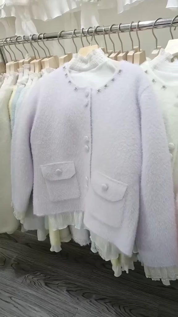 [SẴN] Áo khoác cardigan len lông thỏ tay dài phối ren tiểu thư, Áo khoác len cài cúc có túi cổ tròn  - 128 | BigBuy360 - bigbuy360.vn