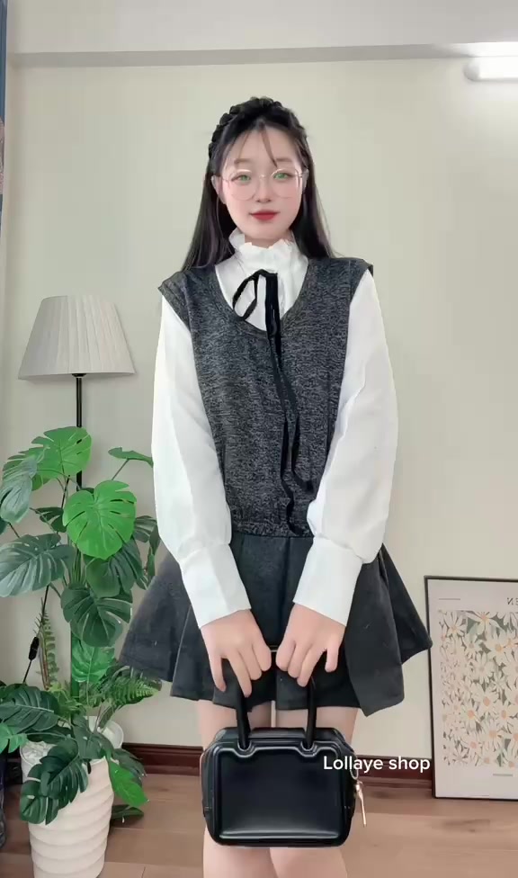 (Set 3 Món): Áo Gile Len Tiêu Xám+ Áo Sơ Mi Dài Tay Đính Nơ+ Chân Dạ Xếp Ly Phong Cách Tiểu Thư, Sang Chảnh -Ảnh Lollaye | BigBuy360 - bigbuy360.vn