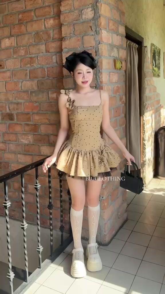 Đầm 2 dây đính hoa hoạ tiết chấm bi phối tà lưới xoè nữ tính sang chảnh Sher Dress Biu Clothing BB0524 | BigBuy360 - bigbuy360.vn