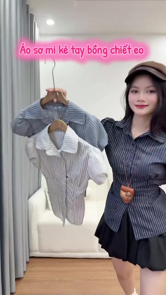 Áo sơ mi kẻ tay phồng dáng ngắn có dây thắt sau lưng chất thô linen cao cấp A285 SUTANO | BigBuy360 - bigbuy360.vn