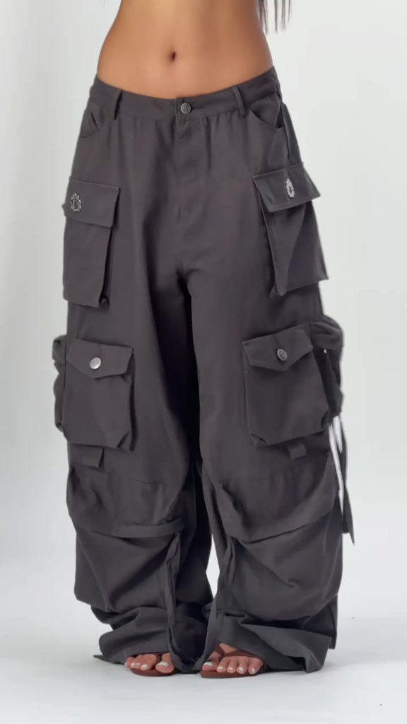 TSUN - Quần Cargo Ống Rộng Baggy Cạp Thấp Nhiều Túi Hộp Xám Than Kaki Y2K Streetwear Cao Cấp | BigBuy360 - bigbuy360.vn