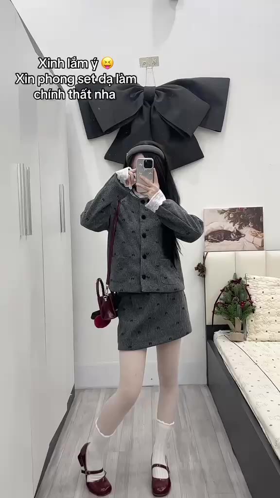 [S2.4224] Set Dạ Len Nơ Áo Khoác Phối Cổ Ren Túi Bên Mix Chân Váy Chữ A Hàng 2 Lớp Dày Dặn | BigBuy360 - bigbuy360.vn