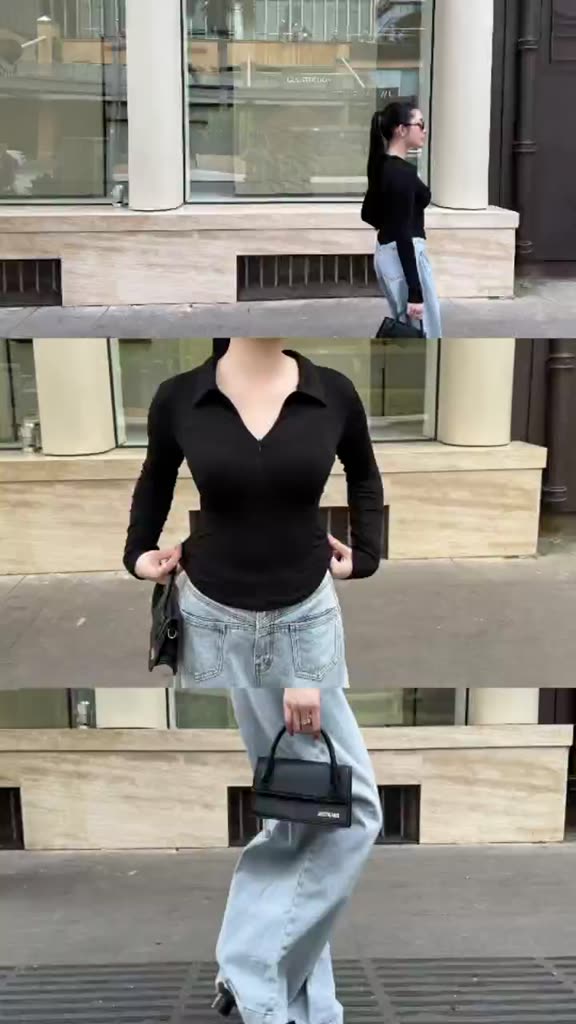 [Mở Bán] Áo Thun Nữ JUSTDUN 13A - Tay Dài, Ôm Body, Cổ Bẻ Phối Khóa Kéo, Dáng Vạt Bầu, Cotton Mịn | BigBuy360 - bigbuy360.vn