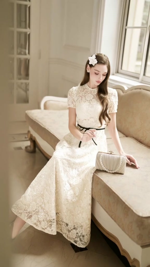 Lina Dress | Váy tiệc nữ thiết kế ren hoa cao cấp H.I.U Fashion | dáng dài 3 lớp ánh kim tiểu thư sang trọng HIU Design | BigBuy360 - bigbuy360.vn