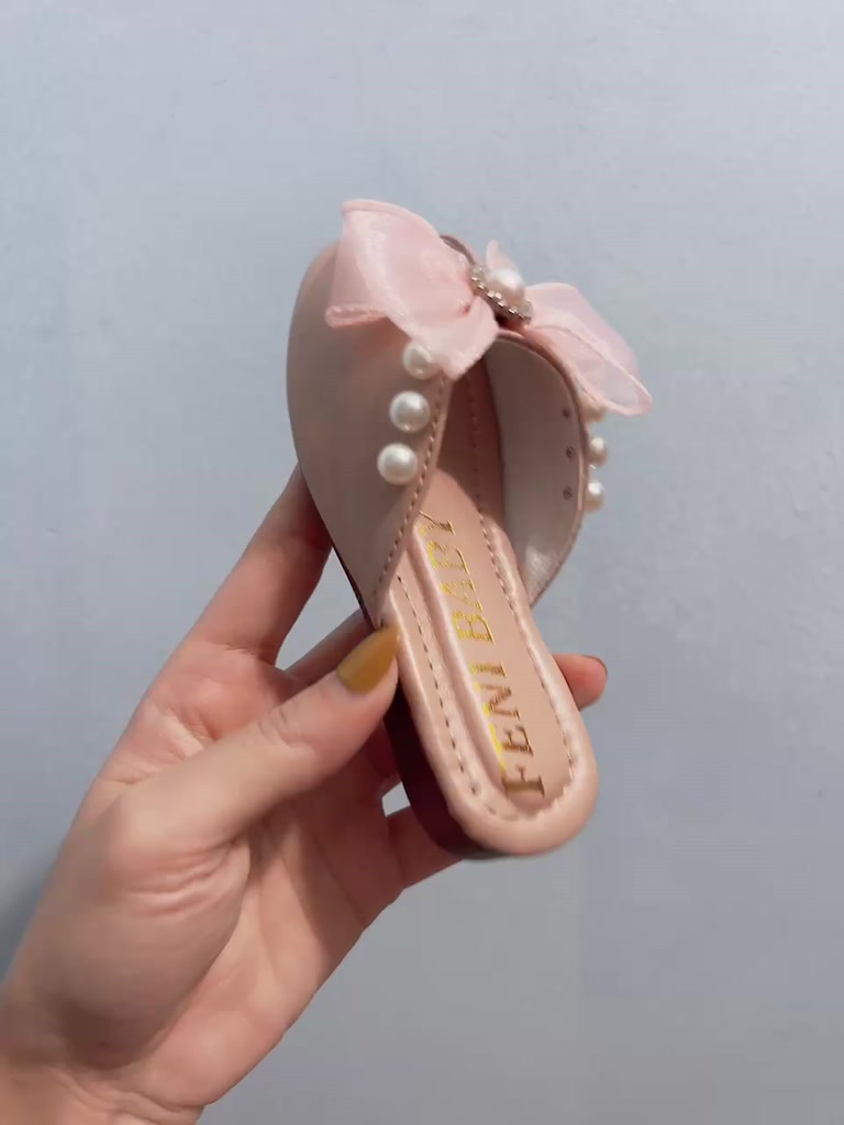 Dép sục ngọc ghim viền hở mũi nơ công chúa da mềm cho bé gái