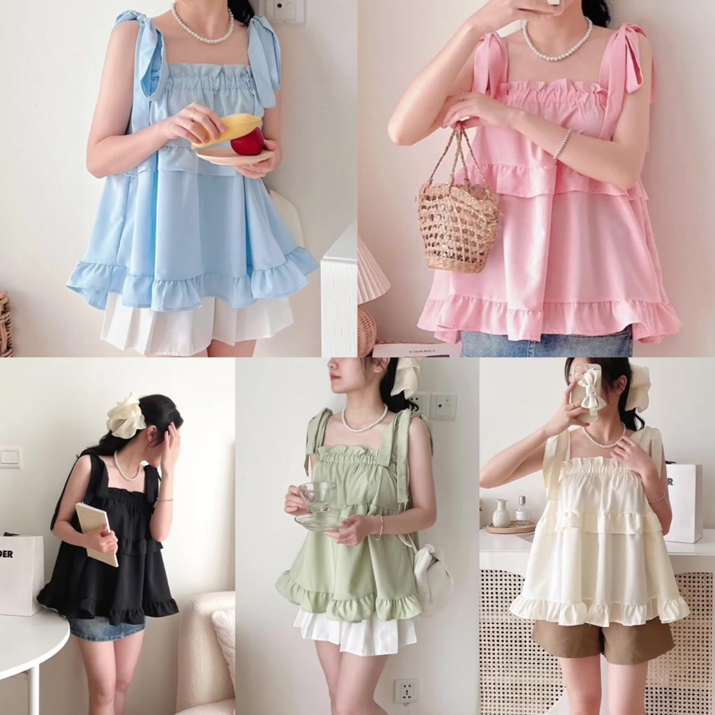áo kiểu nữ bánh bèo, áo 2 dây babydoll chất thô lụa buộc nơ vai kiểu dáng hàn quốc  A91 SUTANO ( ảnh thật ,video) | BigBuy360 - bigbuy360.vn