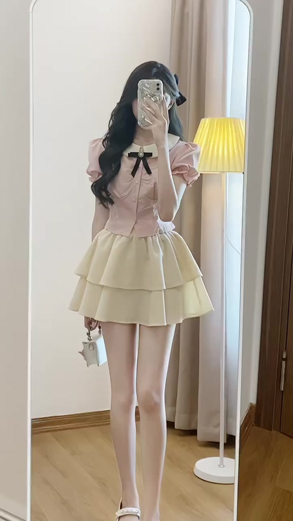 Set áo sơ mi trắng hồng  chiết eo tiểu thư xixeoshop - S95 | BigBuy360 - bigbuy360.vn