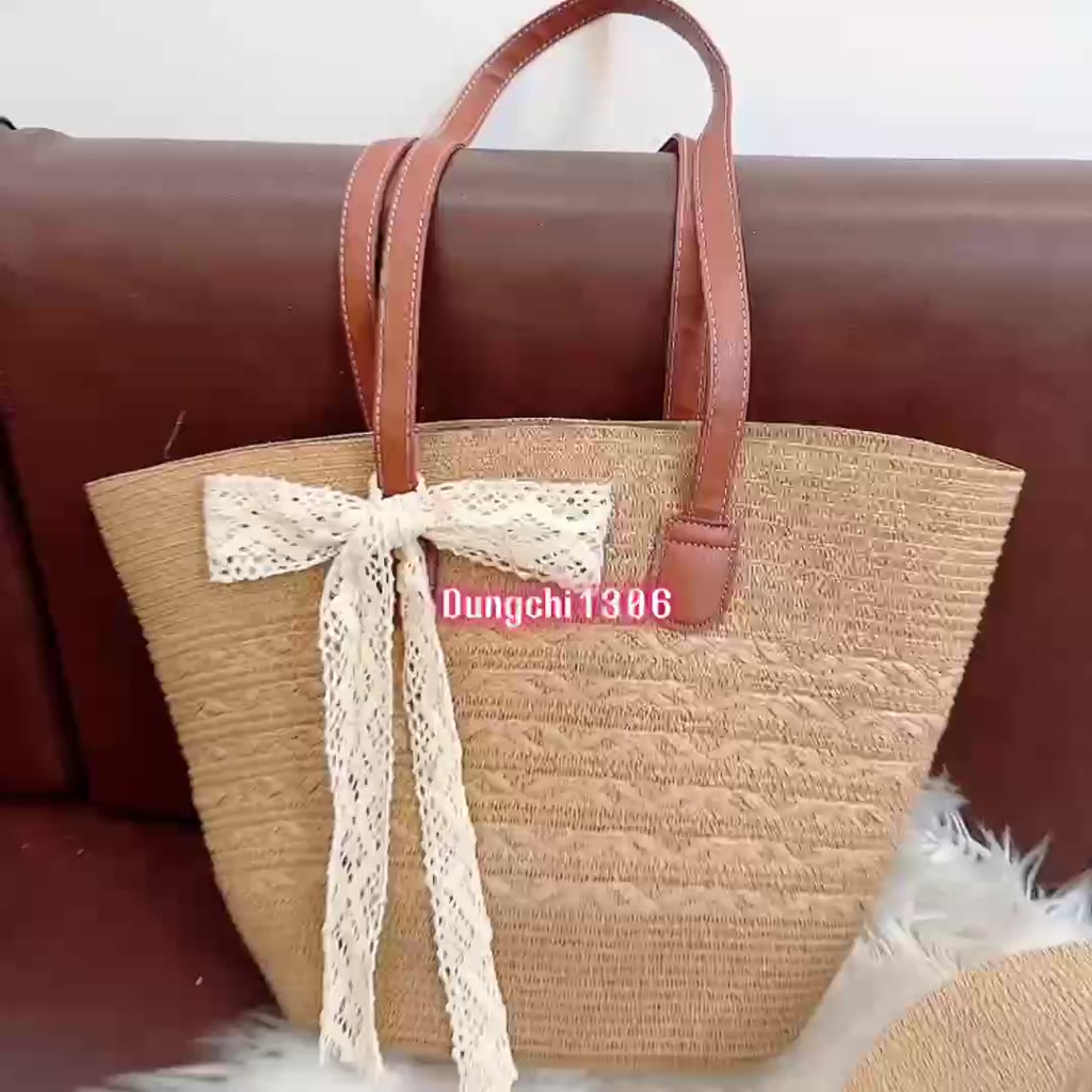 Set túi mũ cói bện quai da size to mix nơ ren xinh xắn | BigBuy360 - bigbuy360.vn