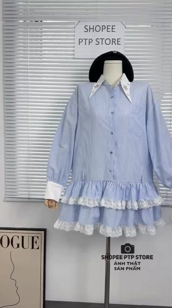 [V1.793] Váy Sơmi Kẻ Babydoll Cổ Đá Phối Chân Bèo Tầng Pha Ren Siêu Xinh | BigBuy360 - bigbuy360.vn