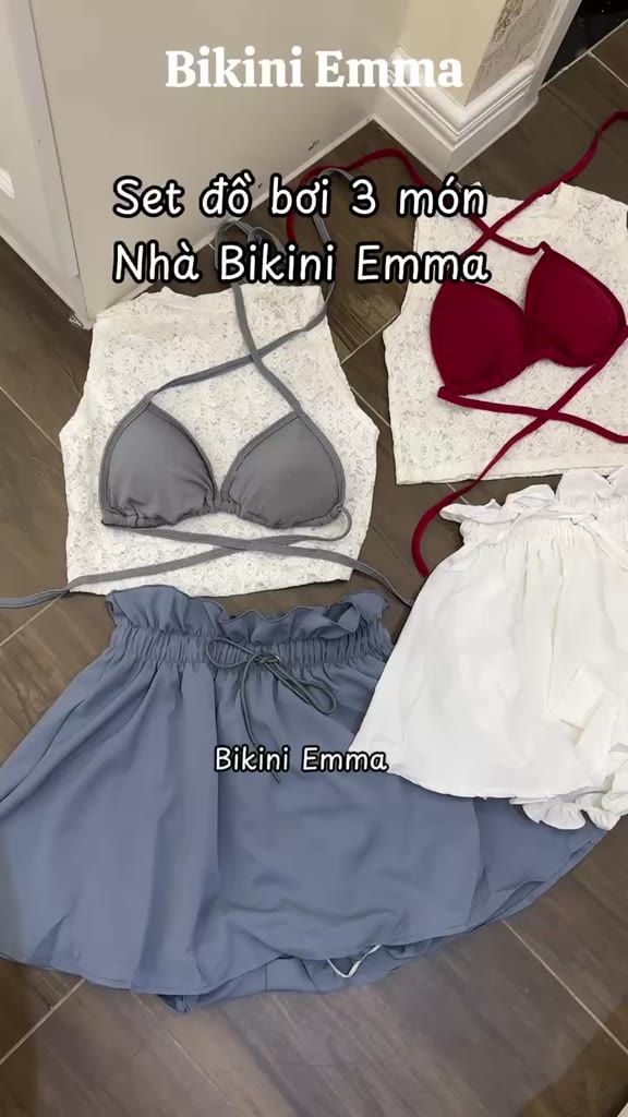 Set 3 Món Bikini Kín Đáo EMMA Phong Cách Cá Tính Gồm Áo Bikini + Quần Váy + Áo Ren Ngoài | BigBuy360 - bigbuy360.vn