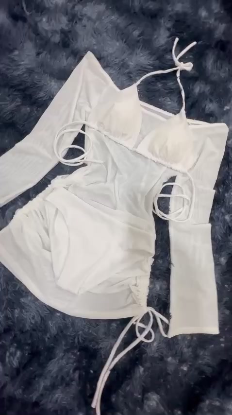 bikini đi biển set 3 mảnh áo khoát rút dây trễ vai tay loe kèm bộ bikini | BigBuy360 - bigbuy360.vn