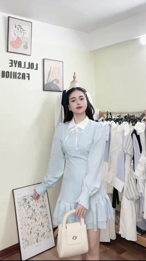 (Sẵn 3 Size): Váy Xanh Phối Beog Ngực Nơ Cổ Sơ Mi Thiết Kế Tay Chiết Bèo Chất Đũi Gân Xinh Xắn | BigBuy360 - bigbuy360.vn