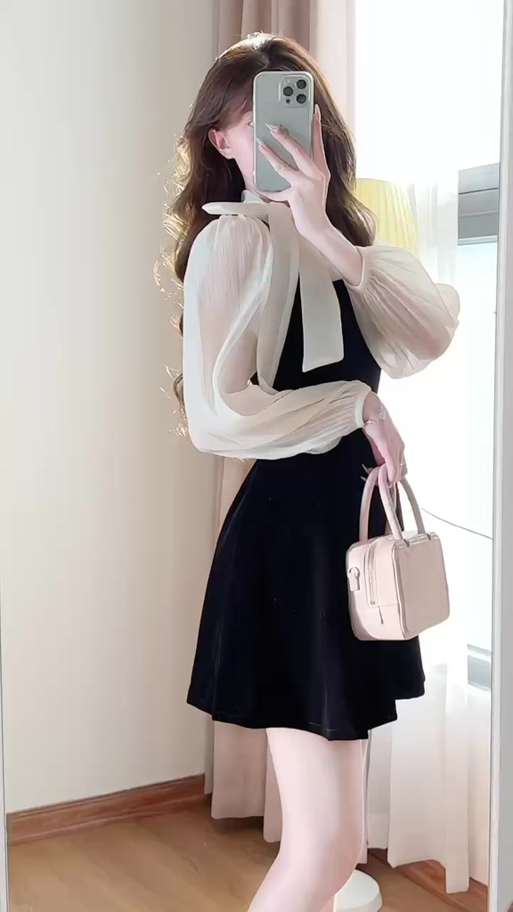 Váy nhung phối tơ tay bồng buộc nơ cổ tiểu thư Hàn Quốc xixeoshop - V32 | BigBuy360 - bigbuy360.vn