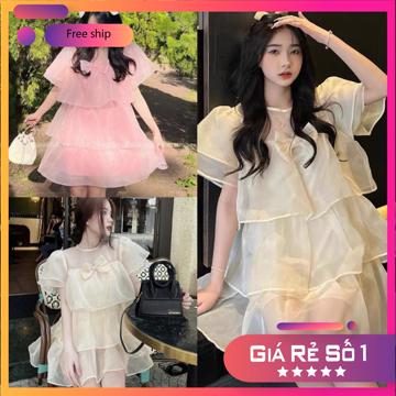 Váy babydoll nữ voan tơ, đính nơ xếp tầng công chúa màu hồng trắng dễ thương- đầm babydoll xòe 3 tầng tay bồng M40