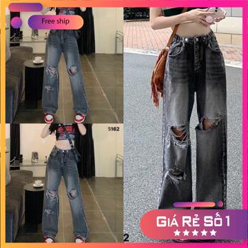 Quần jean ống rộng xám khói rách 2 gối tua trua mới lưng cao, quần bò ống suông dài cạp cao chất demin dày M80