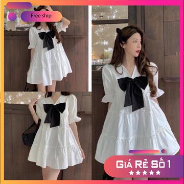  Đầm babydoll nữ ❤️váy tiểu thư trắng xoè cổ v đính nơ❤️ chất thô mềm xếp tầng phông cách hàn quốc MSP13799 