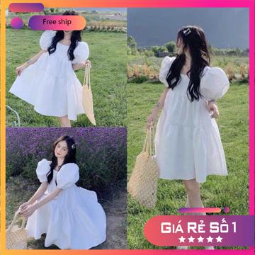  Váy Babydoll nữ cổ vuông tay bồng xếp tầng chất thô mềm- đầm tiểu thư nữ dáng xòe bánh bèo dễ thương màu trắng M90 